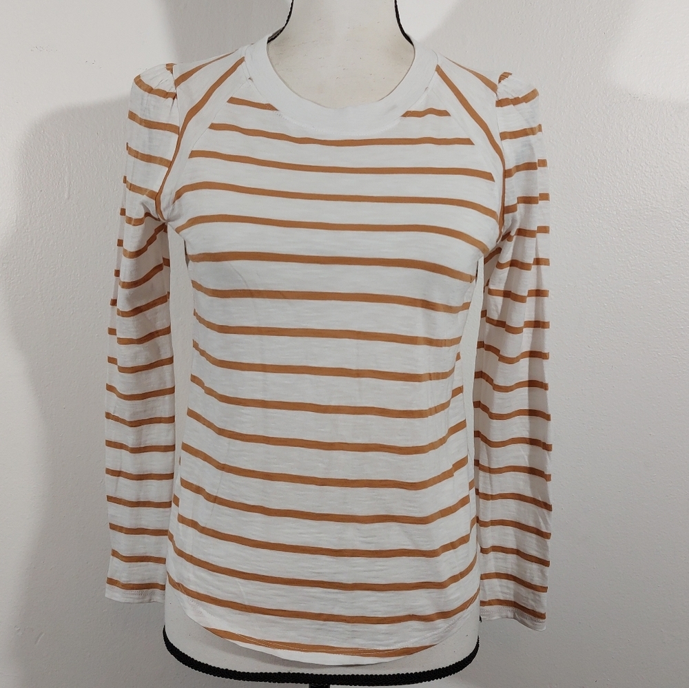 Veronica Beard White and Tan Striped Long Sleeve Tee